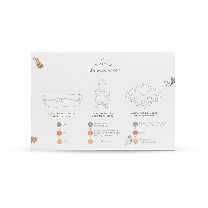 Moss and Fawn Little Explorer Kit - Silicone Frozen Breast Milk Popsicle Kit with Forage Feeder, Teething Popsicle Ice Cube Tray, & Gather & Roll Baby Feeding Bib - BPA, PVC, & Lead-Free - Dew