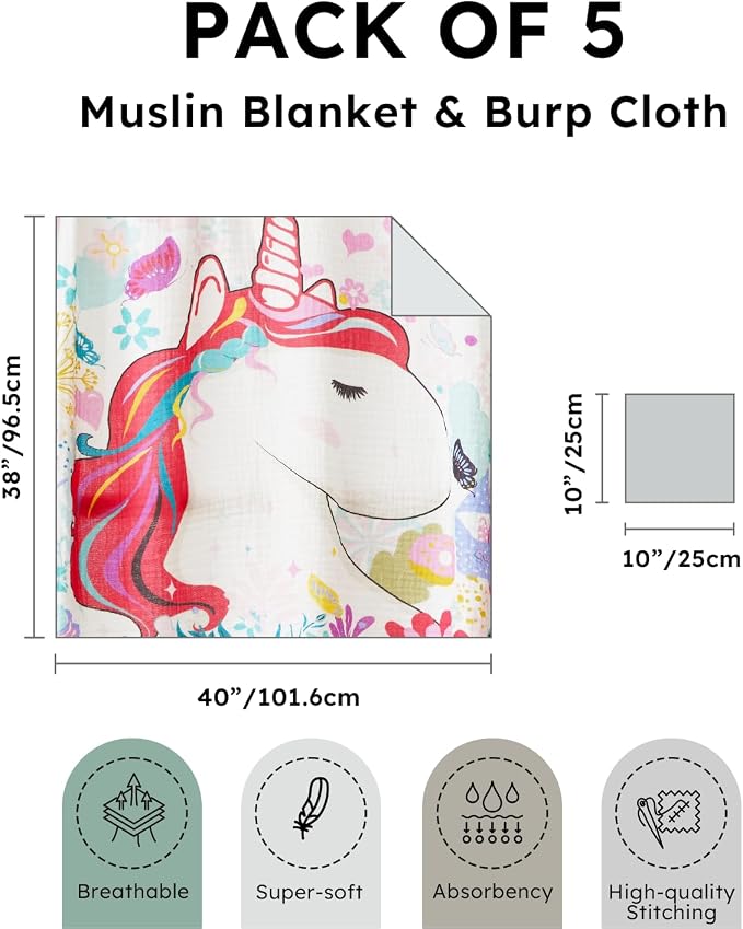 5 Pack Muslin Swaddle Blanket & Baby Burp Cloths, Soft & Breathable Receiving - Image 6