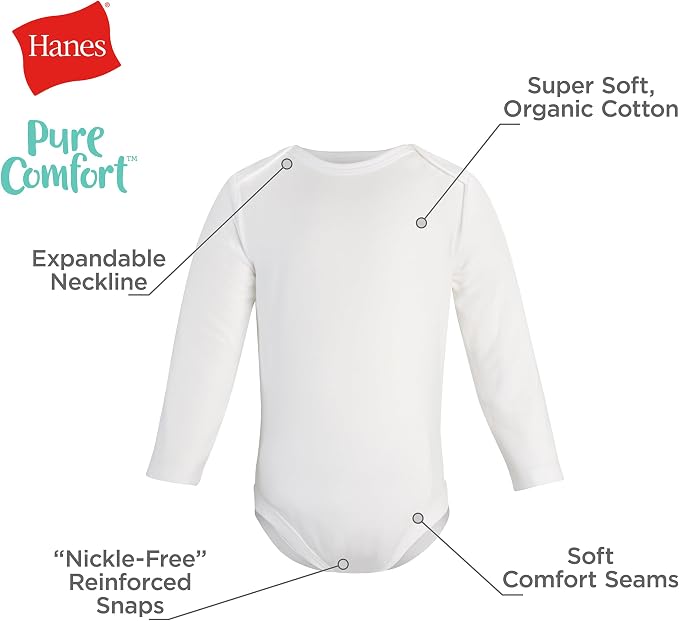 Hanes Baby Pure Comfort Long Sleeve Bodysuits, Infant Bodysuits, Boys & Girls - Image 3