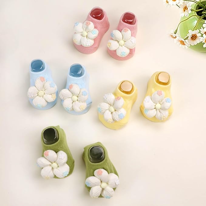 4Packs Baby Girls Socks, Flower Non-Slip Grips - Image 6