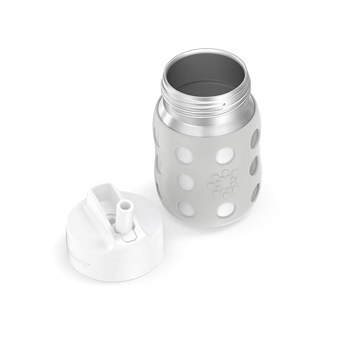 Lifefactory 8-Ounce Stainless-Steel Vacuum-Insulated Wide-Neck Baby Bottle with Straw Cap, Stone Gray (LS2241WCG4)