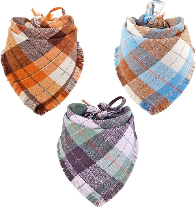 Fall Dog Bandana Autumn Thanksgiving Plaid Reversible Triangle Bibs Scarf by KZHAREEN