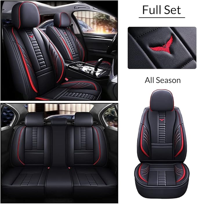 Waterproof 5 Car Seat Covers for Suzuki 1999-2025 95% Models, Premium Faux Leather Automotive Front and Back Seat Protectors Compatible with Airbag Black & Red Line