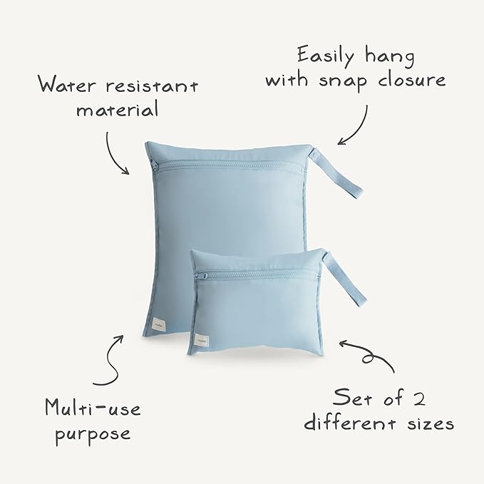mushie Water Resistant Wet Bags | Large & Small Reusable Storage Bag for Baby Items and Travel | Zippered Pockets with Handle | Machine Washable, Set of 2 (Blue Flowers)