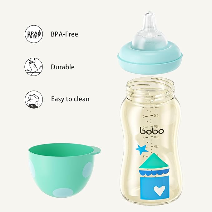 YOHKOH PPSU Baby Bottle Wide Neck, Newborn Anti-Colic Baby Bottle with Natural Response Nipple, Streamlined Body, Easy to Clean (8.8oz (Pack of 4), Blue)