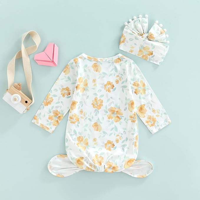 Newborn Baby Girl Floral Sleep Gown Headband Sleepwear Outfit - Image 7