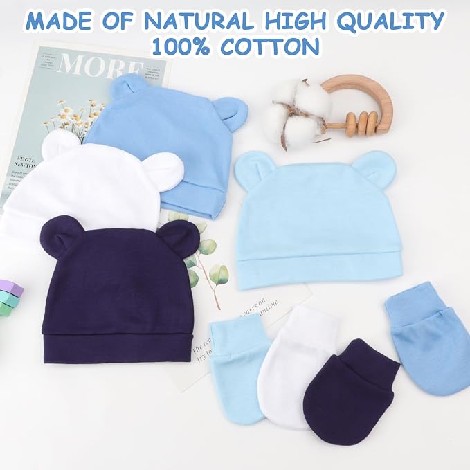 BQUBO Newborn Baby Bear Ears Hats and Mittens Sets Preemie Cotton Caps Baby Boy - Image 5
