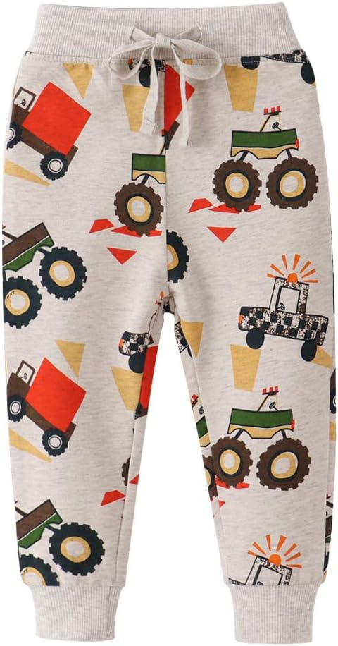 HUAER& Baby Boy's Jogger Pants Dinosaur Car Animal Print Drawstring Elastic Sweatpants 2-Pack