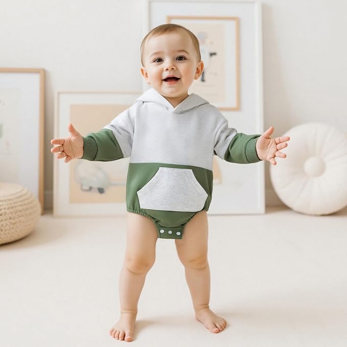 Thorn Tree Newborn Baby Boys Hooded Sweatshirt Long Sleeve Solid Romper Infant - Image 2