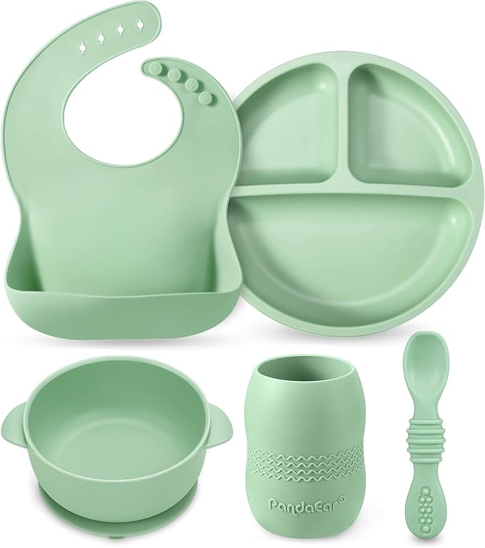 PandaEar Silicone Baby Feeding Set, 6-12 Months, Bib Plate Bowl Cup Spoon by PandaEar