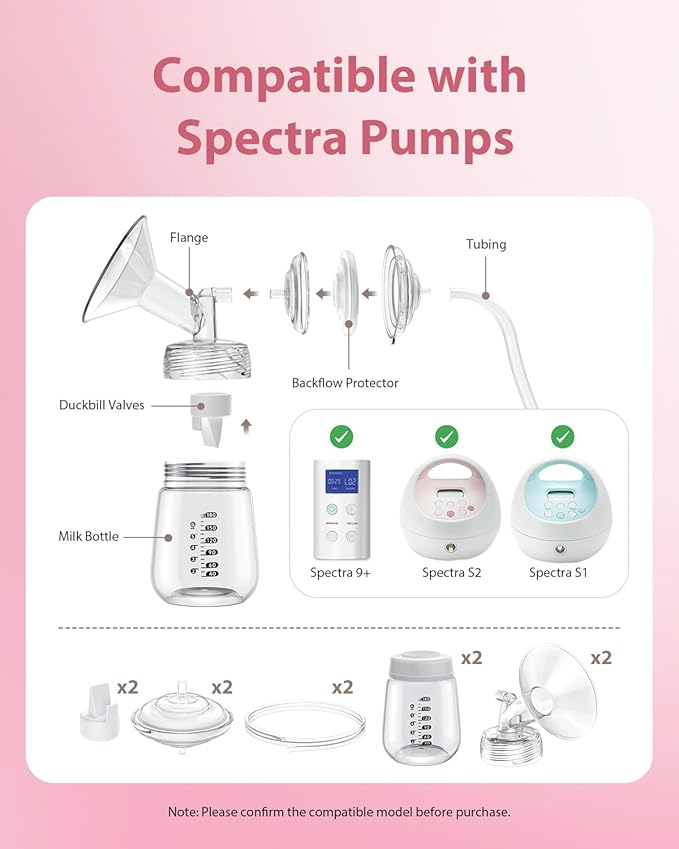 Breast Pump Parts Compatible with Spectra S1/S2/9 Plus, Not Original Accessories, Full Set Replacements Include 18mm Flanges, Valves, Backflow Protectors (Duckbills Included), Tubings and Bottles