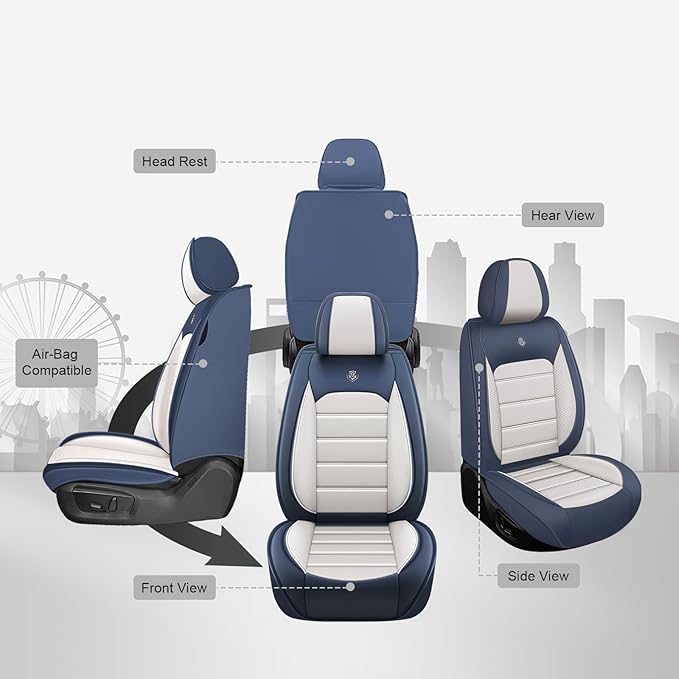 JOJ Car Seat Cover Fit for Toyota Highlander 2001-2025,7 Seat Car Seat Cover,No-Slip Waterproof Breathable Faux Leather Automotive Seat Covers Auto Interior Covers,Full Set,Cream Blue
