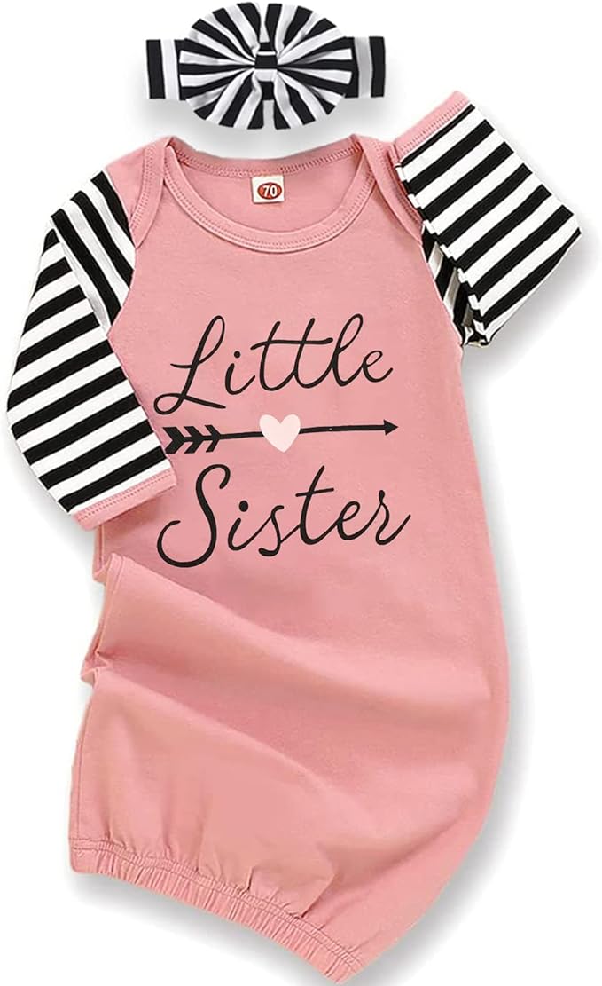 AMAWMW Newborn Baby Girl Little Sister Sleeper Gown Stripe Long Sleeve by AMAWMW