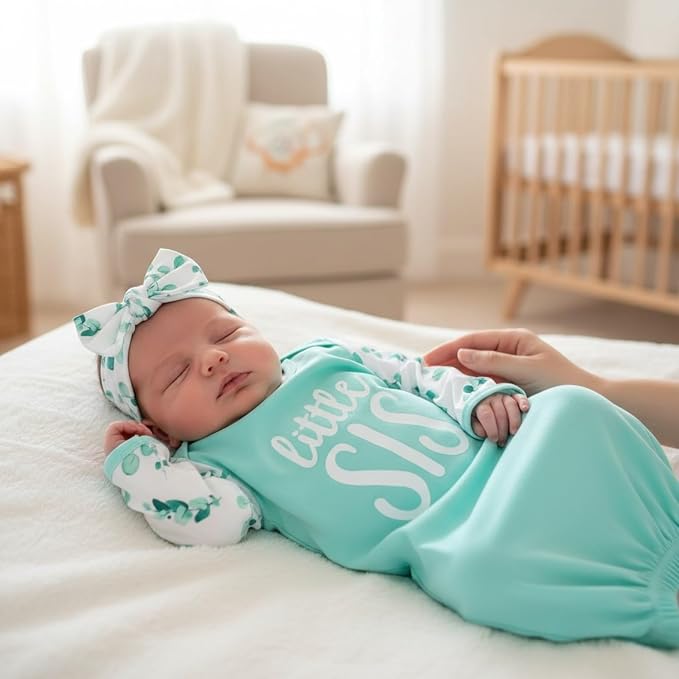 AMAWMW Newborn Baby Girl Little Sister Sleeper Gown Stripe Long Sleeve - Image 2