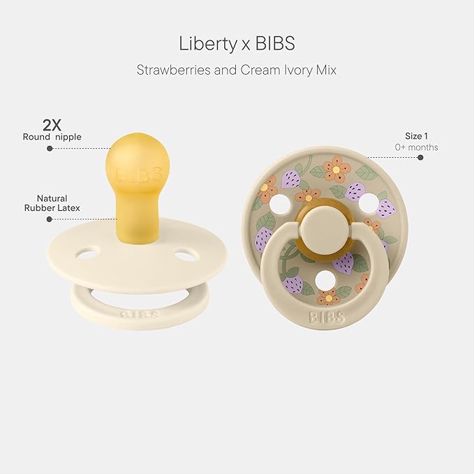 BIBS Colour Liberty Soother 2-Pack, BPA Free Dummy Pacifier, Round Nipple. Natural Rubber Latex, Made in Denmark, Size 1 (0-6 Months), Strawberries and Cream Ivory Mix