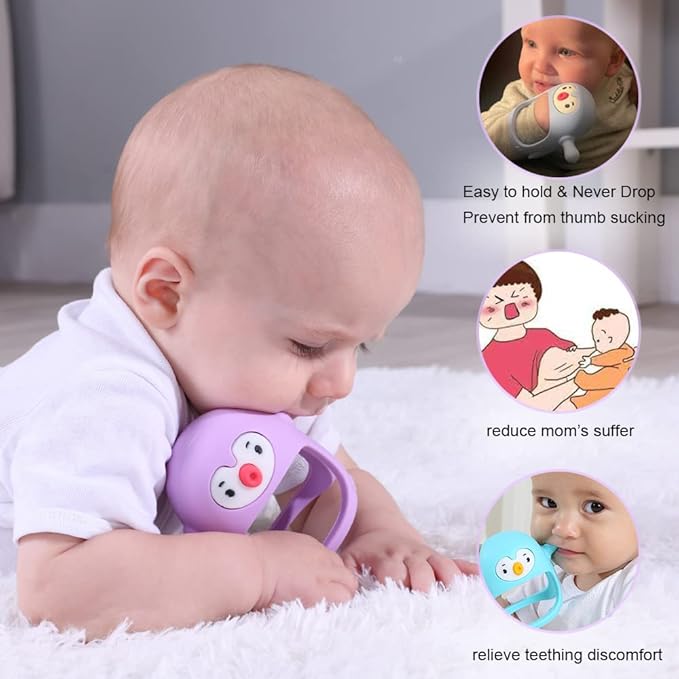 Smily Mia 2pack Penguin Teether for Babies 0-6Month, Infant Teething Toys,Pacifiers for Breastfed Babies, Silicone Teething Mittens for 3-6Months, Perfect Shower Gift+Baby Registry, Pink&Purple