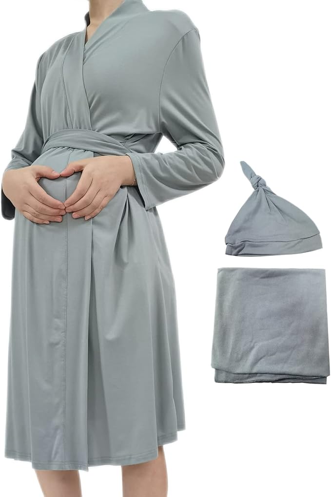 SUFEINI Maternity Robe and Matching Baby Swaddle Blanket Set, Mommy Robe by SUFEINI