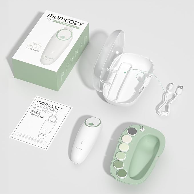 Momcozy Baby Nail File Electric, Gentle Baby Nail Trimmer Electric, Baby Nail Clipper with Night Light, 7 Grinding Head Replacement Pads, Green