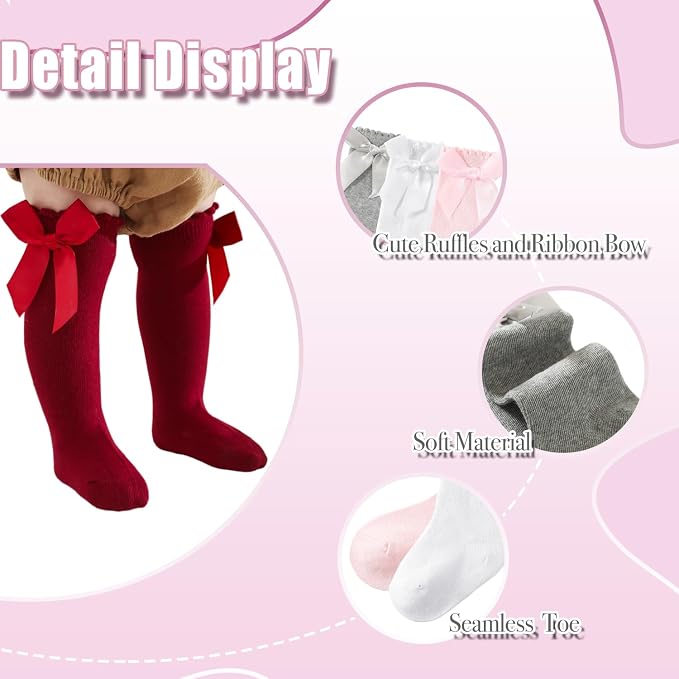 Baby Knee High Socks Newborn Ruffle Bow Socks Infant Long Sock Toddler Girls - Image 2