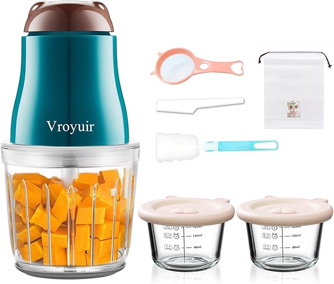 Baby Food Maker, 600ML Baby Food Blender with 10 Blades, Baby Food Processor for Baby Food, Fruit, Vegatable, Meat, with Two 200ml Glass Bowls, Storage Bag, Cleaning Brush, Scraper