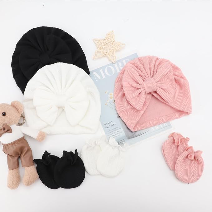 BQUBO Newborn Girls Hats Baby Hat and Mittens Set Infant Caps Bow Hospital - Image 7
