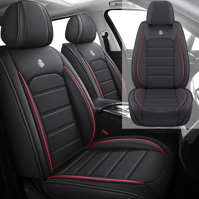 Leather Seat Cover for Ford Edge 2010-2026,Waterproof Soft Seat Covers,Interior Accessories Seat Covers Cushion Vehicle Protector Airbag Compatible(Black&Red,2PCS Front)