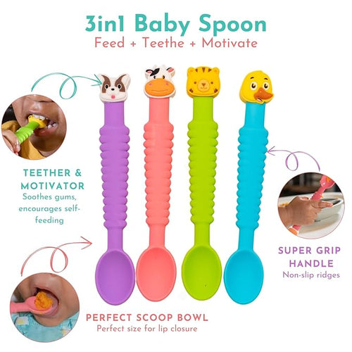 3-in-1 Silicone Baby Spoon Self Feeding 6+ Months - Pediatric OT Designed Teether Spoon, BPA Free Toddler Utensils, Mess-Free, Fun for Baby Led Weaning Supplies, Complete Set