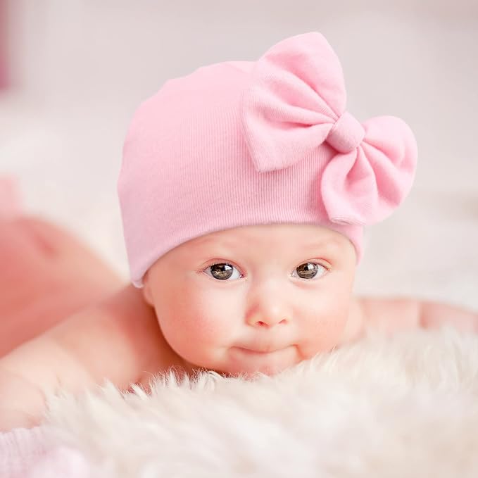 BQUBO Newborn Baby Girls Hats Mittens Set Hospital Hat Beanie Infant Bow Hats - Image 2