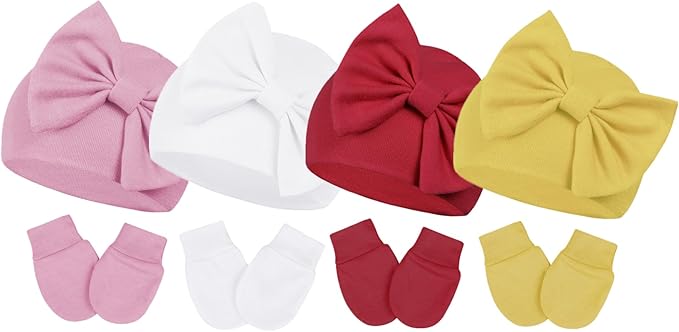 Newborn Baby Girl Hats and Mittens Set, Hospital Hat, Bow Beanie Infant Gift by CenturyStar