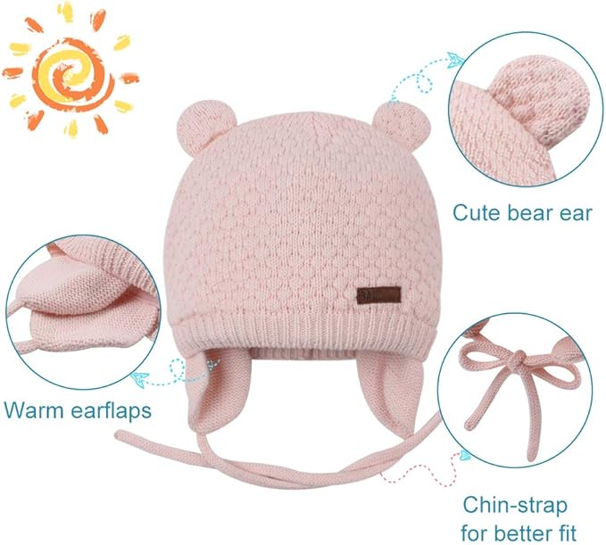 BAVST Baby Beanie Hat for Winter with Earfalp Cute Bear Kids Toddler Girls Boys Warm Knit Cap 0-2Years
