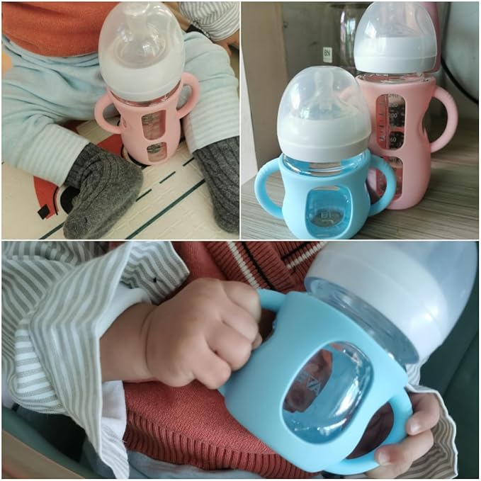 4 Pack Silicone Sleeves for Avent Natural Glass Baby Bottles, Silicone and Easy-Grip Handles for Drop Protection, Compatible with Philips Avent 4/8 OZ Glass Bottle (2 Pink+2 Purple, 8 OZ)