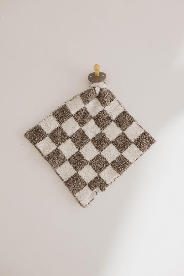 Forever French Baby | Lovey | Pacifier Holder | Lovey Gifts | Boy & Girl | Ideal for Age 0 Months & Up | Microfiber Feather Yarn (Mushroom Checkerboard)