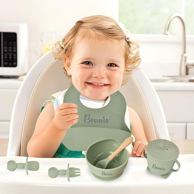 Personalized Silicone Baby Feeding Set with Name, Customized Baby Led Weaning Supplies Self Feeding Eating Utensils with Spoon, Fork, Silicone Suction Bowls, Cup, Plate Dark Purple