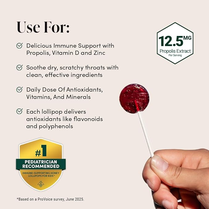 Beekeeper's Naturals Kids Throat Soothing Lollipops, Mixed Berry & Elderberry Doctor Formulated Immune Support, Vitamin D & Honey, 15 ct
