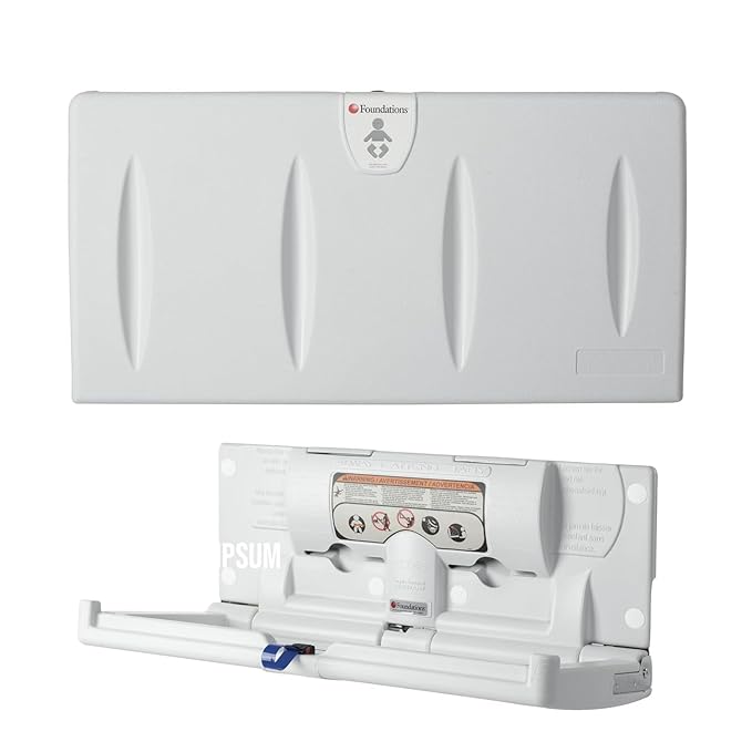 Foundations Classic Horizontal Baby Changing Station w/EZ Mount Backer Plate, Wall Mounted, One Handed Adjustable Safety Strap & Liner Dispenser, Gray (100-EH-BP)
