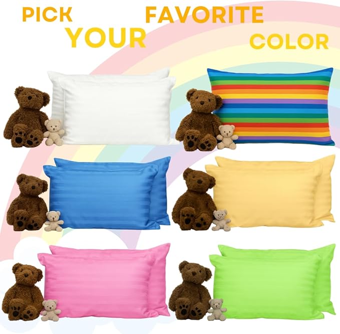 kinder Fluff Children Pillow (2Pk) 14x20in – Junior Pillows for Kids Age 4+, Bright Rainbow Design, 100% Cotton Sateen Stripe 300T, Down Alternative Fill, Machine Washable, Colourful Kids Cushion - M