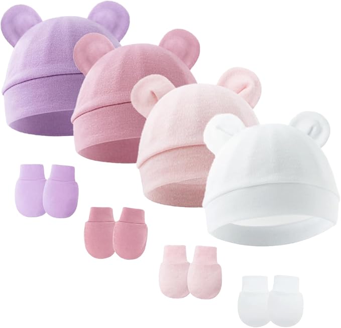 Newborn Baby Hats and Mittens Set Bear Ear Baby Beanie No Scratch Cotton Infant by Unknown
