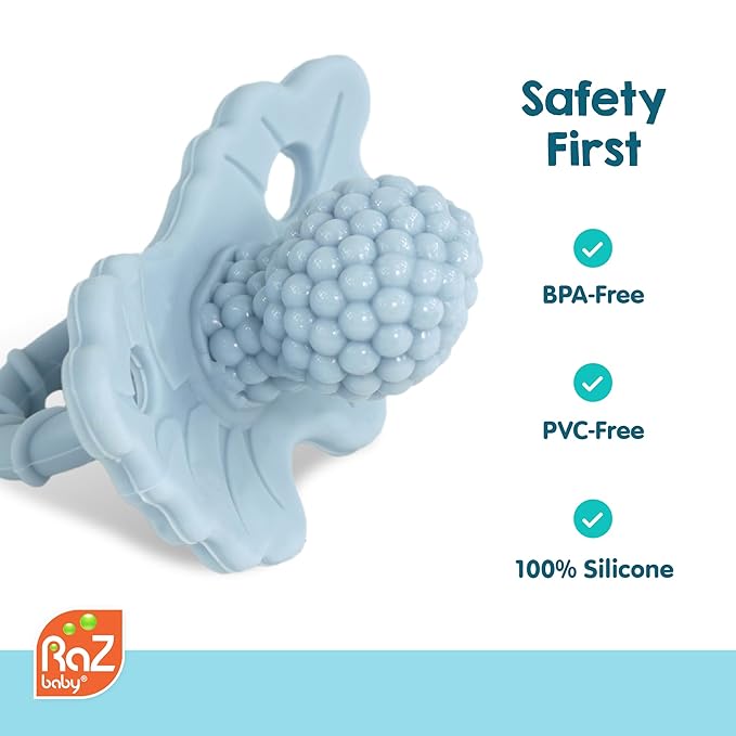 RaZbaby Soft Silicone Infant & Baby 3M+ Teether Toy Berrybumps Textured Teething Relief Pacifier - Soothes Sore Gums - Hands-Free & Easy-to-Hold Fruit-Shaped RaZberry Design, BPA Free – Blue