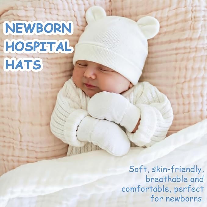 BQUBO Newborn Baby Bear Ears Hats and Mittens Sets Preemie Cotton Caps Baby Boy - Image 2