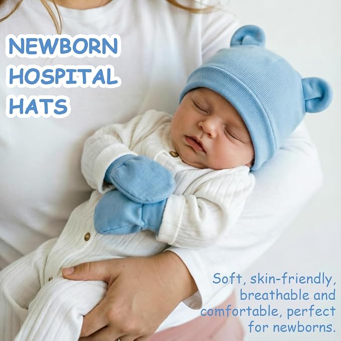 BQUBO Newborn Baby Bear Ears Hats and Mittens Sets Preemie Cotton Caps Baby Boy - Image 2