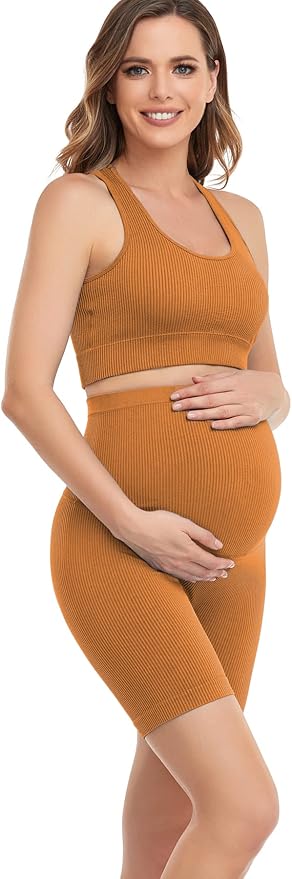 Women's Maternity 2 Piece Outfit Set - Bra & Shorts for Pregnancy - Yoga workout Lounge Wear Sets