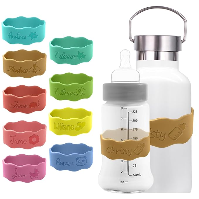 Personalized Baby Bottle Labels for Daycare Custom Water Bottle Name Bands Customized Engraved Silicone Baby Reusable Bottle Straps Labels for Cups School-Brown