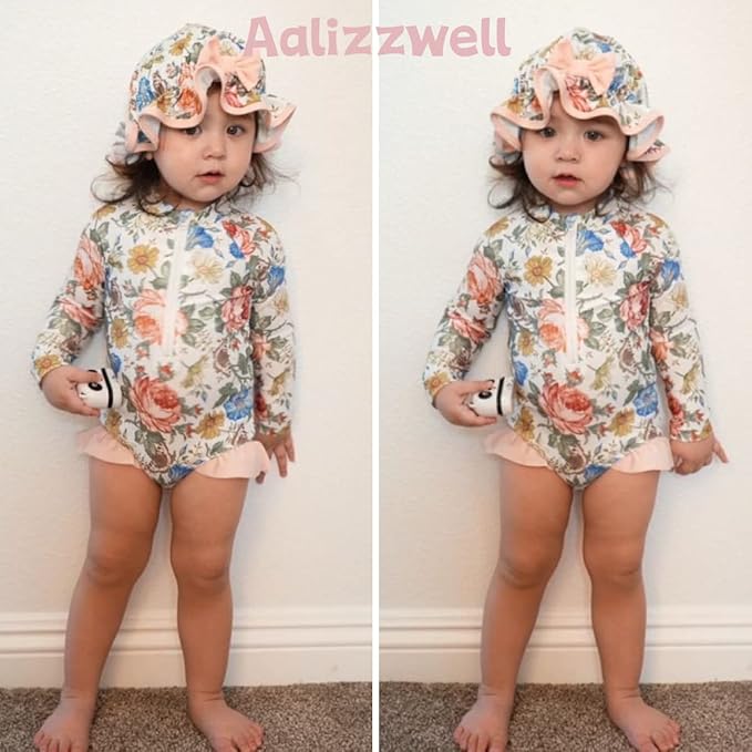 Aalizzwell Baby Girls Long Sleeve One Piece Swimsuit with Hat