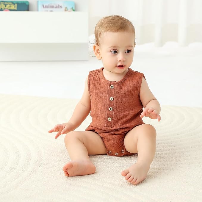 Baby Boy Romper 3 Pack Sleeveless Cotton Linen Tank Top Bodysuit | Breathable - Image 3