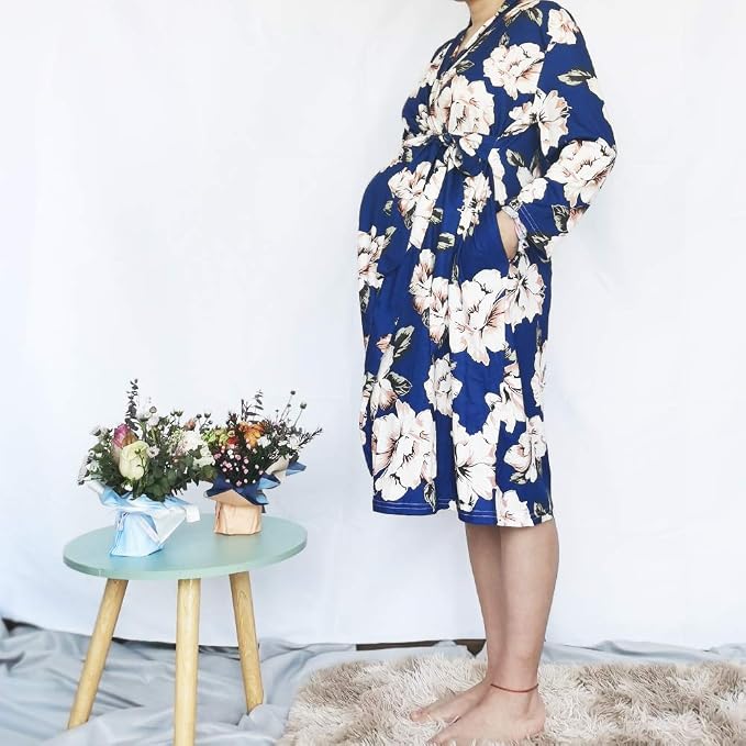 SUFEINI Maternity Robe and Matching Baby Swaddle Blanket Set, Mommy Robe - Image 4