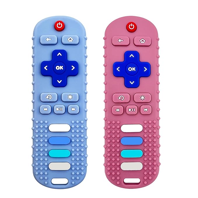 Baby Teething Toys, Food Grade Silicone Teether for Babies 3 6 12 18 Months, TV Remote Shape Toddlers Chew Toys, Freezer BPA Free (Pink+Blue)