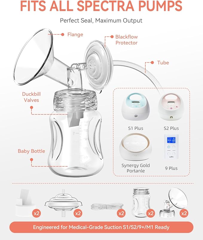 Breast Pump Parts Compatible with Spectra S1,S2,S9 Plus, Replacement Kit for Spectra Pump Parts 2PC Include 16 mm Flange, Duckbill Valve, Tube,Bottle, Backflow Protector, Not Original Accessories