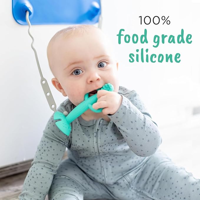 Busy Baby Gift Set - Silicone Placemat with Suction Cups, Bottle Bungee, Teething Spoon and 4 Universal Straps, Keeps Baby Essentials Like Bottles Within Reach & Off The Floor (Spearmint)
