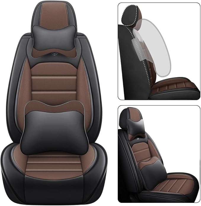 Leather Seat Cover for Ford Edge 2010-2026,Waterproof Soft Seat Covers,Interior Accessories Seat Covers Cushion Vehicle Protector Airbag Compatible(Black&Coffee,Full Set with Pillow)
