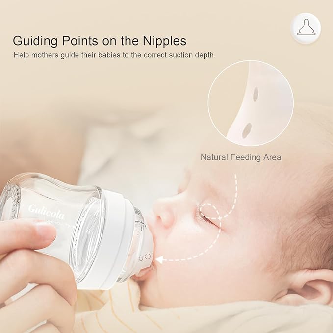 Gulicola Natural Glass Baby Bottle for Breastfed Babies, Anti-Colic Baby Bottle Set with Medium Flow Nipple, 3 Months +, 8 oz, 2 Pack - White